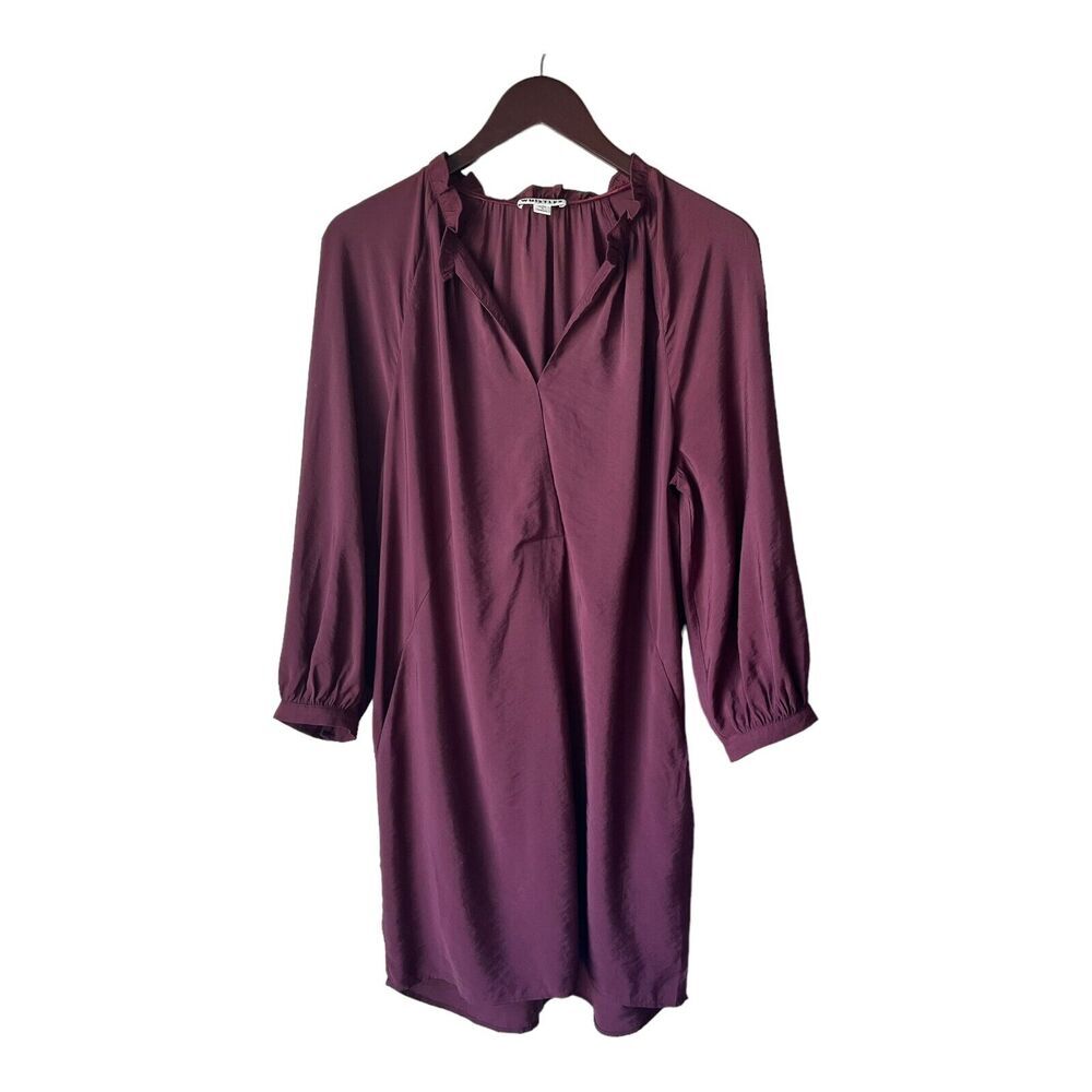 Whistles Enola Sack Dress Long Sleeve Ruffled Neck Burgundy Size Small